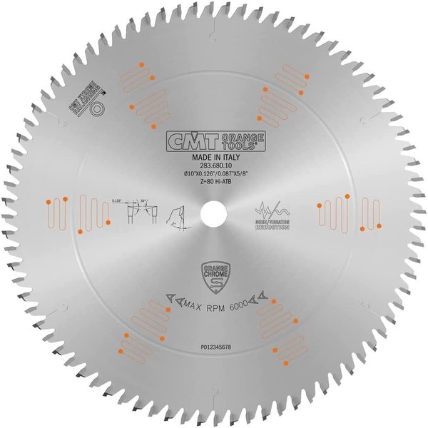 Cmt ORANGE TOOLS  Orange Chrome Ultimate Plywood & Melamine Blade 10" x T80 HiATB, Silver 283.680.10